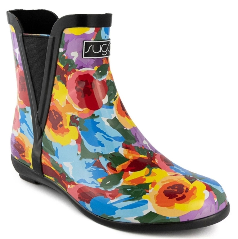 SUGAR Womens Black Floral Goring Water Resistant Splash Round Toe Rain Boots 7 M